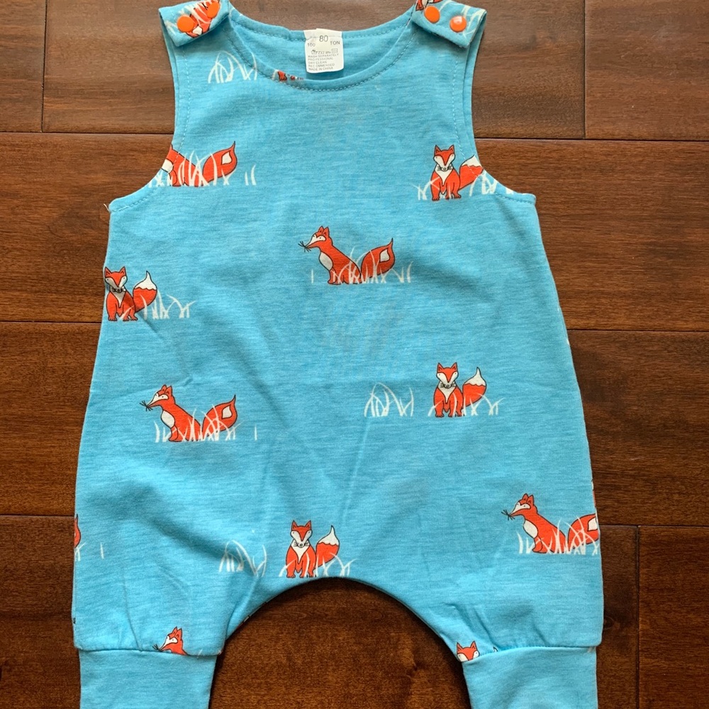 Blue with orange fox overalls no tag fits 9 month